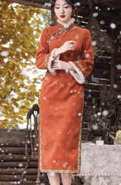 Orange Embroidered Winter Cheongsam Qipao Dress