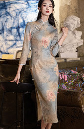 Winter Floral Print Suede Cheongsam Qipao Dress