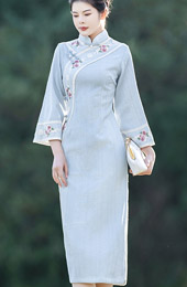 Blue Floral Embroidery Midi Cheongsam Qipao Dress