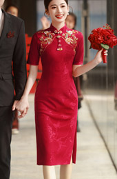 Red Jacquard Appliques Wedding Cheongsam Qipao Dress