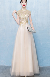 Gold Tulle Floor Length Qipao Cheongsam Evening Dress