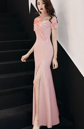 Pink Blue Phoenix Split Front Fishtail Qipao Cheongsam Dress