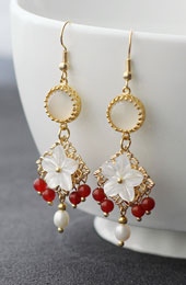 Agate Pearls Flower Dangle Drop Earrings