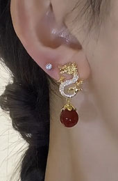 Rhinestone Zodiac Dragon Agate Dangle Drop Earrings