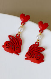 Chinese Zodiac Heart Rabbit Clip On Pierced Drop Dangle Earrings