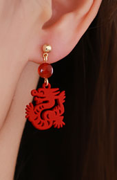 Chinese Zodiac Red Dragon Clip On Pierced Dangle Earrings