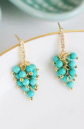 Blue Turquoise Grapes Dangle Drop Clip On Pierced Earrings