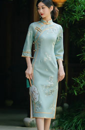 Blue Floral Print Mid Cheongsam Qipao Dress