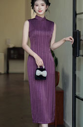 Purple Stripe Sleeveless Cheongsam Qipao Dress