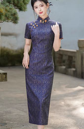 Blue Vintage Print Mothers Cheongsam Qipao Dress