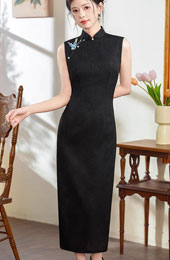 Black Jacquard Embroidered Cheongsam Qipao Dress