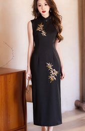 Black Embroidered Bamboo Cheongsam Qipao Dress