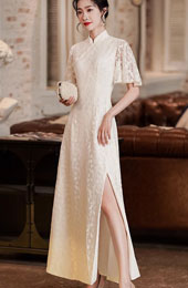 White Lace Split Flutter Sleeve Wedding Qipao Cheongsam Gown