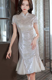 Silver Sequines Ruffle Hem Cheongsam Qipao Dress