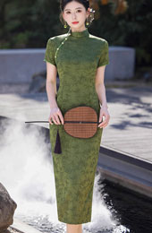 2025 Green Bamboo Print Cheongsam Qipao Dress