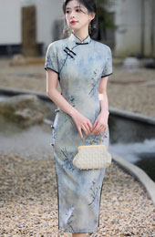 Gray Bamboo Print Cheongsam Qipao Dress