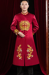 Wine Red Embroidered Dragon Chinese Men's Wedding Magua Jacket