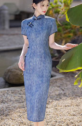 2025 Blue Printed Cheongsam Qipao Dress