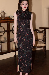 Black Floral Print Sleeveless Cheongsam Qipao Dress