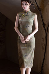 Green Khaki Floral Velvet Cheongsam Qipao Dress