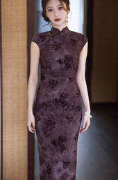 Purple Floral Print Cheongsam Qipao Dress