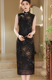 2025 Summer Black Floral Print Cheongsam Qipao Dress