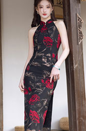 Black Rose Print Halter Cheongsam Qipao Dress