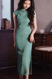 2025 Summer Green Floral Cheongsam Qipao Dress