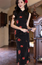 2025 Summer Blue Black Floral Cheongsam Qipao Dress