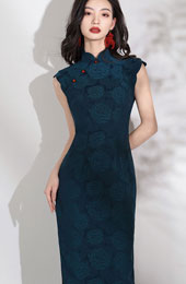 Blue Jacquard Floral Cheongsam Qipao Dress