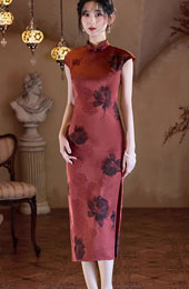 2025 Red Floral Print Midi Cheongsam Qipao Dress