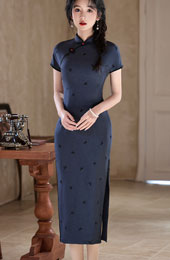Blue Black Stripe Embroidered Midi Cheongsam Qipao Dress