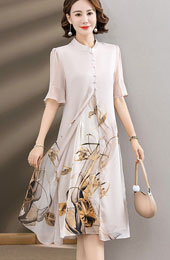 Beige Blue Mothers Floral Print Qipao Cheongsam Dress