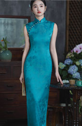Blue Pink Jacquard Cheongsam Qipao Dress
