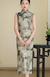 2025 Summer Green Printed Cheongsam Qipao Dress