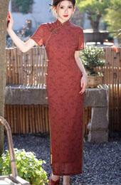 2025 Red Floral Maxi Cheongsam Qipao Dress