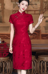 Red Jacquard Mothers Midi Cheongsam Qipao Dress