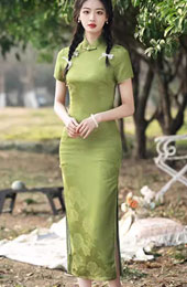 2025 Green Jacquard Maxi Cheongsam Qipao Dress