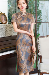 Gray Pink Mothers Floral Midi Cheongsam Qipao Dress