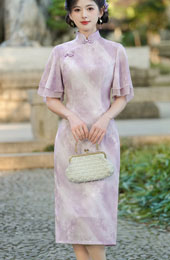 Purple Pink Floral Flutter Sleeve Cheongsam Qipao Dress