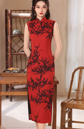 Red Bamboo Print Midi Cheongsam Qipao Dress