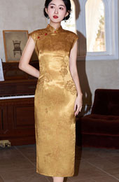 Gold Jacquard Floral Cheongsam Qipao Dress