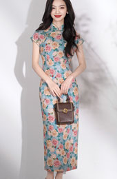 Blue Rose Print Cheongsam Qipao Dress