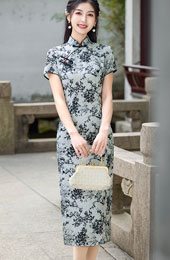 2025 Gray Floral Print Cheongsam Qipao Dress