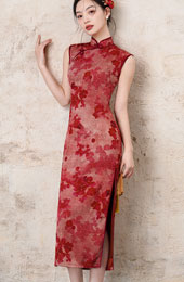 2025 Red Floral Print Cheongsam Qipao Dress