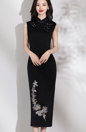 Black Embroidered Floral Cheongsam Qipao Dress