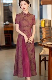 Fuchsia Blue Jacquard Mothers A-Line Cheongsam Dress