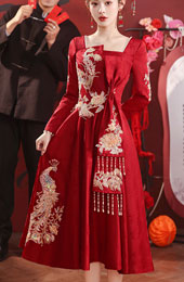Burgundy Sequins Phoenix A-Line Midi Wedding Dress