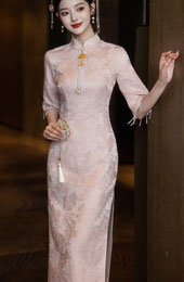 Pink Jacquard Floral Midi Wedding Cheongsam Qipao Dress