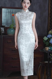 White Jacquard Floral Cheongsam Qipao Dress